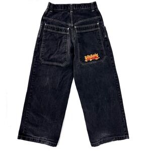 Vintage 90s JNCO Flame Jeans Black 28"‎ Waist Baggy Wide Leg Crush City